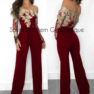 🆕⭐ Wine red gold  lace off shoulder jumpsuit